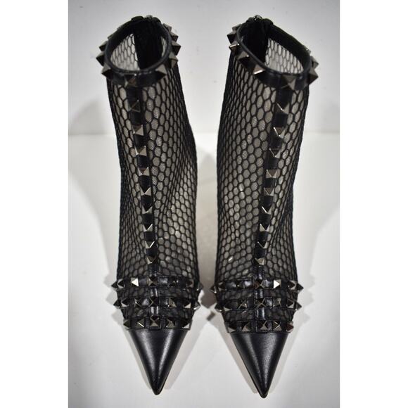 Valentino Rockstud Black Mesh Leather Stud Heel Pointed Toe Ankle Boot Bootie 37 - Picture 8 of 12